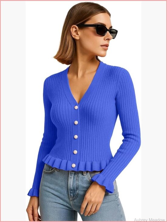 Sweaters - Ruffled Trim Ribbed Knit V-Neck Pearl Button Cardigan